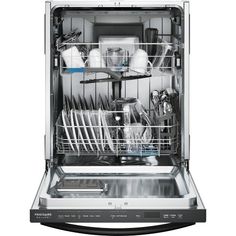 an open dishwasher with dishes in it