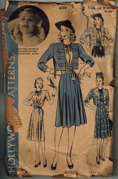 This is a fabulous Vintage Hollywood Sewing pattern from the 1940's. This pattern is not dated but it references Jane Wyman in Honeymoon for Three - a movie from 1941.  It is # 629 for women's jacket, top and skirt in size 14. This pattern is complete.  The envelope and instructions both have some yellowing and tearing - see photos. Cute styles like those worn way back in the 1940's, and the jacket can either be made with lapels or in a military style.  This listing is for the tissue sewing pattern and instructions. No fabric is included. Please contact me if you have any questions!! 1944 Fashion, Old Sewing Patterns, Jacket Upcycle, It’s A Wonderful Life, 1940s Outfits, 1950 Fashion, Human Poses Reference, Skirt Patterns Sewing, Sewing Skirts