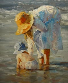 a painting of two people in the water with one holding onto another's hat