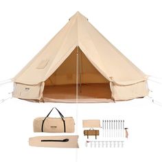 a canvas tent with tools and accessories to make it look like an outdoor camping tent