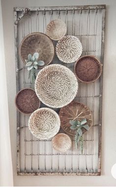 some baskets are hanging on the wall