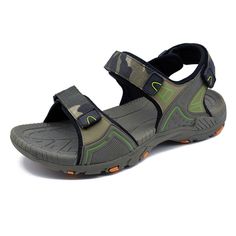 Fade-resistant Sport Sandals For Summer Outdoor, Sporty Fade-resistant Sandals For Outdoor, Green Non-slip Synthetic Sandals, Rugged Slip-on Outdoor Sandals, Cheap Non-slip Men's Sport Sandals, Camo Men