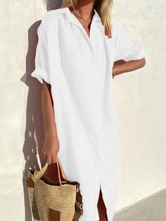 Loose Shirt Collar Casual Cotton Dress | justfashionnow Casual Solid Color Shirt Dress For Vacation, Casual Solid Shirt Dress For Vacation, Button-up Shirt Dress In Solid Color For Beach, Button-up Shirt Dress For Beach In Solid Color, Casual White Shirt Dress With Buttons, Solid Color Button-up Shirt Dress For Beach, Button-up Solid Color Shirt Dress For Beach, Casual Long Shirt Dress For Vacation, Summer Collared Shirt Dress In Solid Color