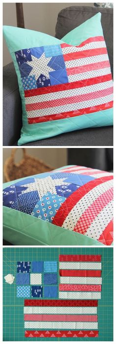 an american flag quilted pillow on top of a couch with the same pattern as it is