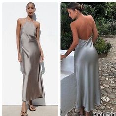 ZARA Open Back Satin Dress  | eBay Chic Floor-length Party Slip Dress, Chic Floor-length Slip Dress For Parties, Floor-length Satin Dress For Summer Night Out, Floor-length Satin Dress For Summer Nights, Chic Fitted Satin Summer Dress, Chic Floor-length Satin Dress For Date Night, Elegant Zara A-line Dress, Chic Floor-length Slip Dress For Date Night, Summer Cocktail Long Backless Dress