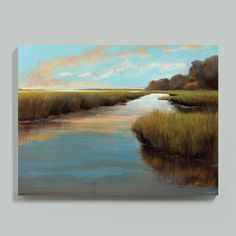 an oil painting of a marshy river