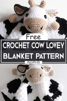 two crocheted cows are sitting next to each other with the text free crochet cow lovey blanket pattern