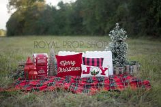 a red and black plaid blanket sitting on top of a grass covered field next to a christmas tree