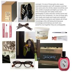 a collage of different items including shoes, lipstick, and eyeglasses is shown