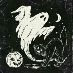 a black and white drawing of a cat next to a ghost with two pumpkins