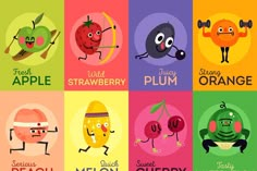 cartoon fruits and vegetables with the names of them