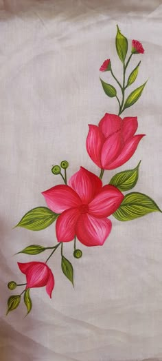 a painting of pink flowers and green leaves on a white cloth with red trimmings