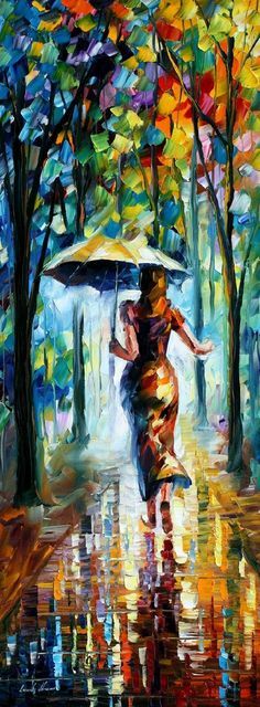 a painting of a woman walking in the rain with an umbrella and colorful trees behind her