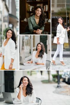 a collage of photos with woman in white clothing and cell phone on the street