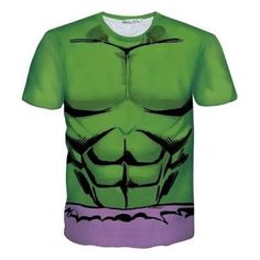 a green t - shirt with the face of comic character hulk on it's chest