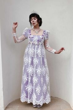 Luxurious regency gown inspired by the Bridgerton series. Made of beautiful silk taffeta and lace. Decorated with embroidery and beads.  Measurements: bust 88 cm, under the bust 82 cm, dress length 150 cm. Regency Style Lace Victorian Wedding Dress, Regency Style Victorian Lace Dress With Historical Design, Regency Style Purple Wedding Dress, Bridgerton Series, Bridgerton Inspired, Cute Formal Dresses