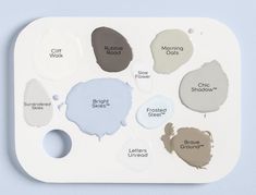 the paint swatches are arranged in shades of gray, brown, and blue on a white tray