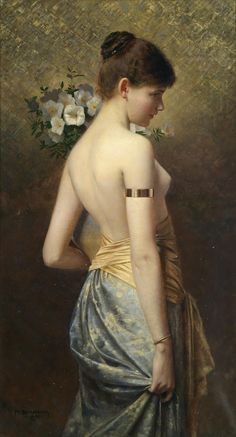 a painting of a woman in a dress with flowers on her head and back, looking down