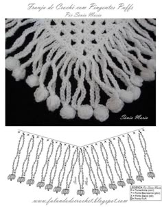 the crochet pattern is shown in white and black, with beads hanging from it