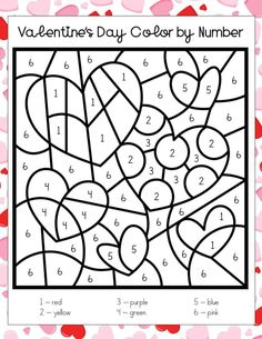 valentine's day color by number worksheet with hearts on the page and numbers for