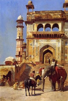 an oil painting of people and animals in front of a building with arches, pillars and stairs