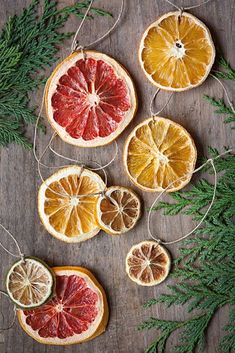 oranges and grapefruits are hanging from twine strings on a wooden table