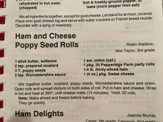 an open recipe book with instructions on how to make ham and cheese poppy seed rolls