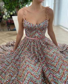 Rainbow Sequined Dress | Teuta Matoshi Teuta Matoshi Dresses, Matoshi Dress, Teuta Matoshi, Sequined Dress, Dress Shapes, Fancy Dresses, A Dress, Embroidered Dress, Dress Fabric