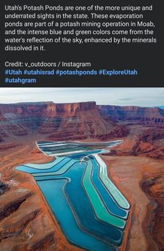 an aerial view of the grand canyon with blue pools and mountains in the back ground