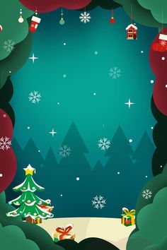 a christmas tree surrounded by snowflakes and presents on a green background with stars