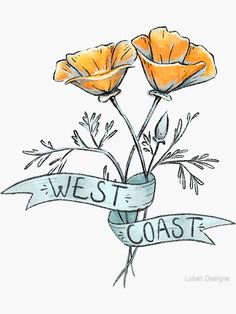 two orange flowers in a vase with a ribbon around it and the words west coast