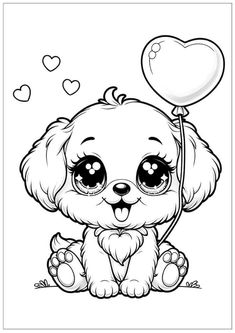 a cute puppy with heart shaped balloons sitting on the ground, coloring pages for kids