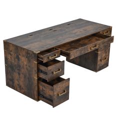 an old wooden desk with three drawers on one side and two smaller drawers on the other