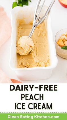 dairy - free peach ice cream in a white bowl with two scoops