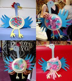 four different pictures of paper plates with birds on them and flowers in the middle one