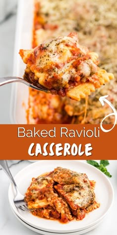 baked ravioli casserole on a fork with text overlay