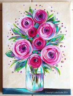 a painting of pink roses in a glass vase