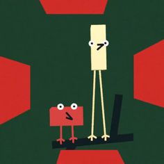 two cartoon characters standing in front of a red and green background