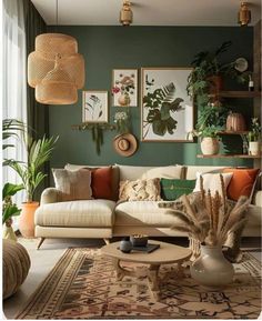 a living room filled with lots of furniture and plants on top of the couches