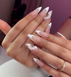 Bride Nails With Pearls, Vacay Nails Summer Almond, Almond White Tip, Almond Nails Engagement, Wedding Almond Nails For Bride, Almond White Nails Design, Wedding Nail Inspo For Bride, White Tip Almond Nails, Baddie Nails Almond