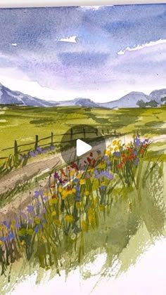 a watercolor painting of a field with flowers and a fence in the foreground