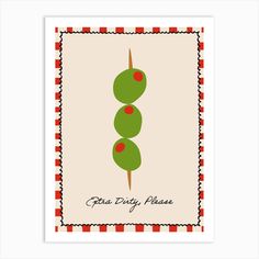 a card with an image of three green olives on it, and the words fiesta party please