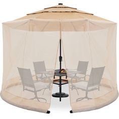 an outdoor table and chairs with a mosquito net over it's top, set up on a white background