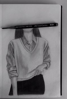 a pencil drawing of a girl wearing a sweater and skirt with her hands on her hips