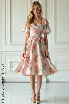 Olivia Mark - Romantic Blooms Midi Dress - Pastel Pink Floral Print Dress Pastel, Pink Floral Print, Cinched Waist, Fitted Bodice, Olivia Mark, Sweetheart Neckline, Pastel Pink, Timeless Pieces, Pink Roses