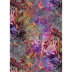 an abstract floral pattern in purple, pink and green colors on a gray background with leaves