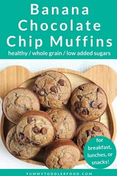 banana chocolate chip muffins in a wooden bowl with text overlay that reads, whole grain and gluten - free