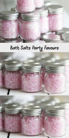 there are many jars filled with pink bath salts