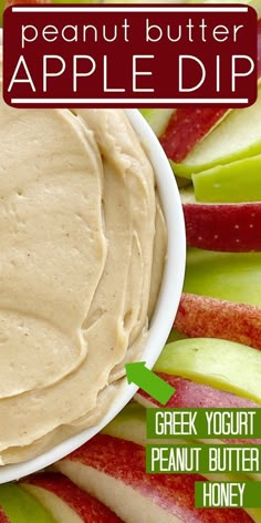 an apple dip in a white bowl surrounded by sliced apples and the words, peanut butter apple dip