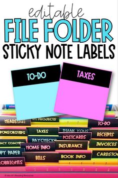 stacks of file folder sticky note labels with the words tax and taxes in black on them